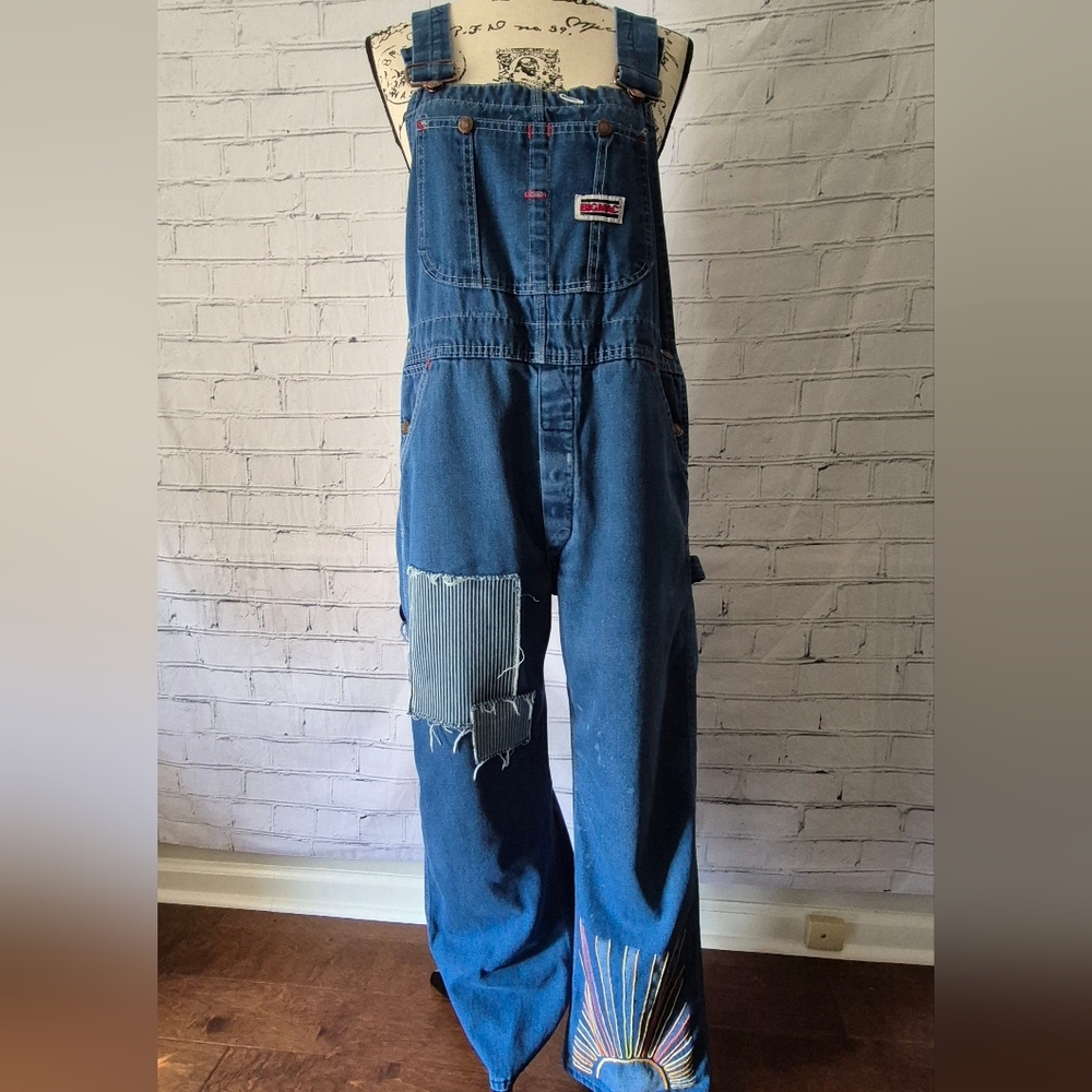 Embroidered Denim Overalls with Floral and Mushroom Design - Picture 3 of 5